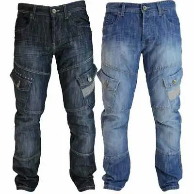 Crosshatch Mens Jeans Crosshatch New CARGO Combat Dark Washed Straight Leg Jeans • £27.99