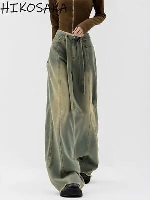 Vintage Distressed Washed High Waist Jeans Belt Loose Straight Wide Leg Pants  • $54.27