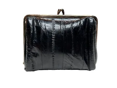 Vtg Black Eel Skin Clutch Purse Kisslock Coin Pouch Cosmetic Bag W/ Mirror • $24.99