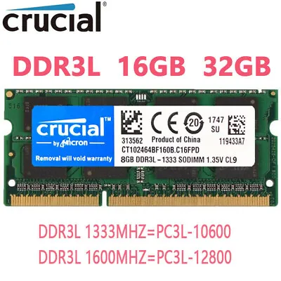 Crucial DDR3L 16GB 32GB 1333MHZ 1600MHZ Memory SO-DIMM Laptop RAM Notebook RAM • £48.60