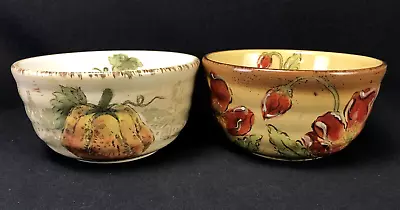 Maxcera Pumpkin Fest & Poppy Splatter Cereal Soup Bowls Hand Painted Set Of 2 • $22.95