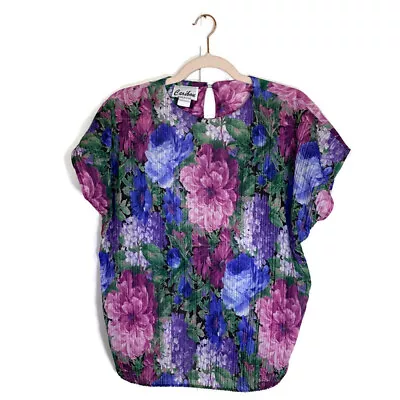 Vtg. Caribou Top Sz L/XL Floral Pleated Semi-Sheer 80s/90s Cottagecore READ • $18.98