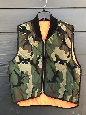 Vintage Duck Camo Quilted Vest Mens L Reversible Blaze Orange Hunter USA Made • $25.50