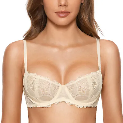 DOBREVA Women's Balconette Push Up Bra Lace Plus Size Unlined Sheer Underwire • $29.69