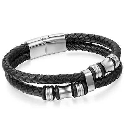 Men's Multilayer Braided Leather Stainless Steel Magnetic Bracelet Bangle Cuff • $9.99