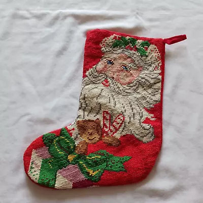 Vintage Needlepoint Santa Face Teddy Bear Christmas Stocking 15  • $15