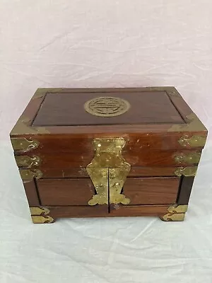 Vintage Chinese Wooden Chestnut Jewelry Box With Brass Accents Some Damage • $75