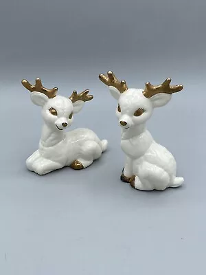 2 VTG Ceramic White Deer Gold Accents  • $15