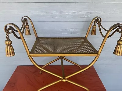 Vintage Italy Hollywood Regency Gilt Iron Metal Rope & Tassel Stool Bench Chair • $395