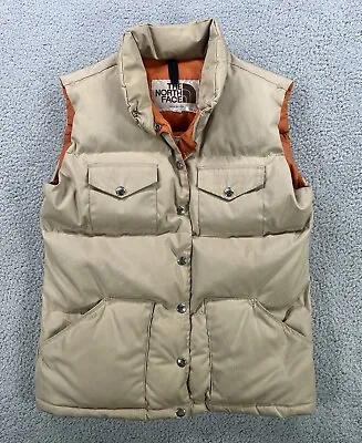 VINTAGE North Face Puffer Vest Womens Large Tan Down Filled Hiking Camping 1970s • $54.99