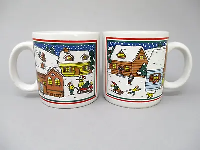 Vintage Christmas Mugs Winter Village Sledding Lot Of 2 12 Oz • $15.29