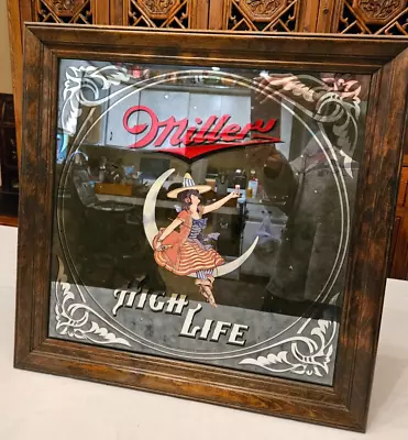 Vintage 1980 Miller High Life “Girl On The Moon  Beer Mirror Bar Sign 19 X19  • $38