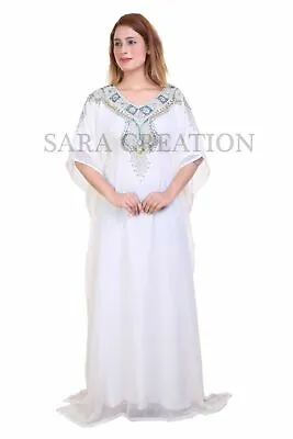 Off-White Maxi Moroccan Dubai Kaftans Abaya Very Fancy Long Gown Hand Zari Work • £116.39