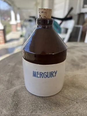 Primitive Stoneware Mercury 2 Tone Crock Jug Medical Cone Poison Jar With Cork! • $35