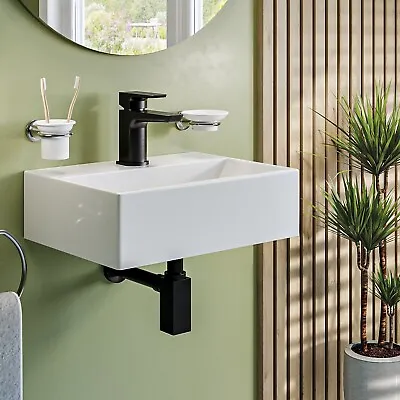 £64.92 • Buy 400mm Wall Mounted / Countertop Basin White Square 1 Tap Hole Bathroom Sink