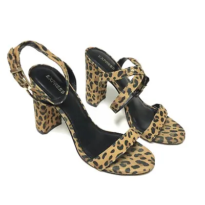 Express Women Size 8M Summer Buckle Block Mid Heels Open Toe Ankle Strap Animal • $19.99