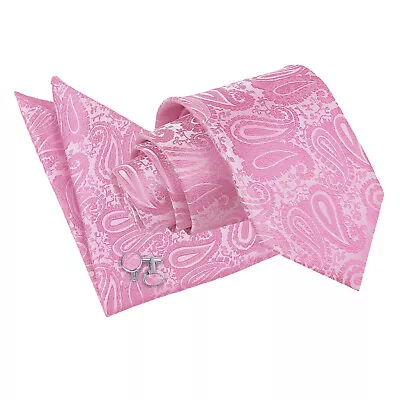 Baby Pink Classic Skinny Tie Pocket Square Cufflinks Woven Floral Paisley By DQT • £10.99