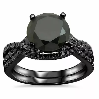 3Ct Round Cut Lab-Created Black Diamond 14k Black Gold Over Engagement Ring Set • $79.19