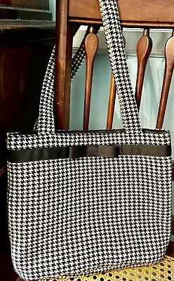 Classic Houndstooth Handmade Wool Tote Bag Or Handbag With Black Ribbon Bow • $21.99