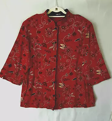 Vikki Vi Womens Slinky Knit Top Shirt Or Jacket Sz 2X Dark Red W Gold Floral • $24.50