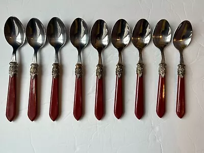 Hampton Silversmith Stainless Stella Red Handle Gold Trim Flatware 9 Soup Spoons • $24