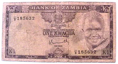 $11 • Buy 1976 Zambia 1 Kwatcha K1 Fine African Zambian Currency Banknote Paper Money P-19