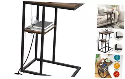  C Shaped End Table With Charging Station For Living Room Rustic Brown • $59.23