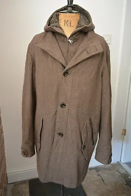 Vintage 60s 70s MOD Duffle Pea Hooded FERAUD Brown Wool Coat Jacket UK42 EU52 L • £34.95