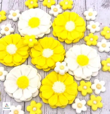 60 Edible Yellow & White  Fondant Flowers Sugar  Cake Toppers Birthday Wedding • £8.99