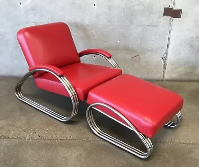 💥Kem Weber Lloyd Art Deco Machine Age Chrome Metal Arm Chair & Ottoman Style • $3800