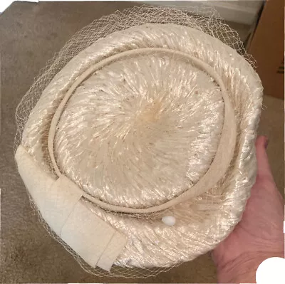 Vintage Women’s Hat 50’s Flat Round Satin Basket Weave Ivory W Netting Costume • $5.88