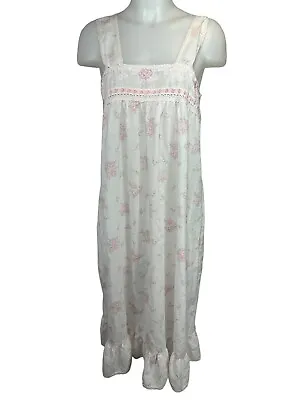 Vintage Lorraine Long Nightgown Small Lace Pink Rose Cotton Blend Prairie Granny • $18