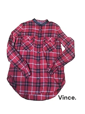 Vince Lamb Leather Trim Button Up Plaid Blouse Red And Black Size 4 • $17