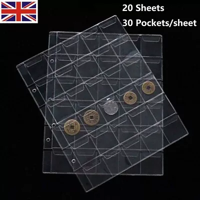 20x 30 Pockets Plastic Coin Holders Collection Album Pages Sheets Sleeves • £11.99