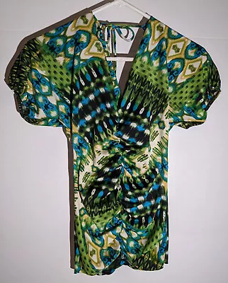 MKM Designs Ladies V-neck Top With Ties To The Back.  Size Small.  Green.  NWOT • $7