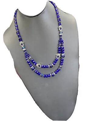 Vintage Black Glass Beaded Boho Lapis Lazuli Cobalt Blue Glass Necklace￼ 20” • $29.98