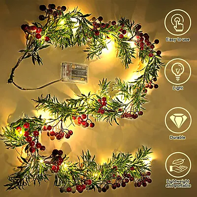 5.9ft Pre-Lit Artificial Valentine's Day Garland Lights Red Berries Leaves Decor • $12.98
