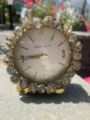 Vintage Phinney Walker Clear Gems Jewel Filigree Rhinestone Jeweled Alarm Clock • $50