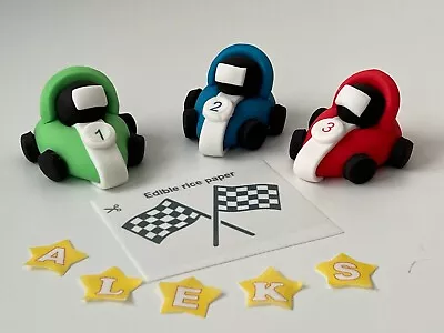 3x Personalised Racing Car Cake Toppers Set Kids Birthday Supplies Edible Glue • £12.99