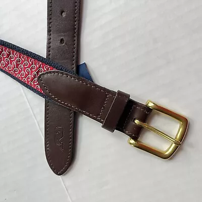 Vineyard Vines Belt Mens 36 Red Fish Hook Pattern Leather Red Navy Gold Buckle • $21.95