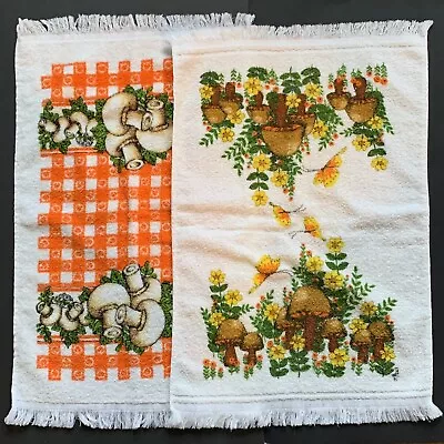 Vintage Kitchen Towels Mushrooms Cannon Fringe Orange Yellow • $19.99