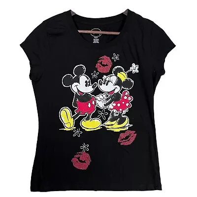 Disney Mickey And Minnie Kisses Women’s Black Short Sleeve Shirt - Size Large • $9