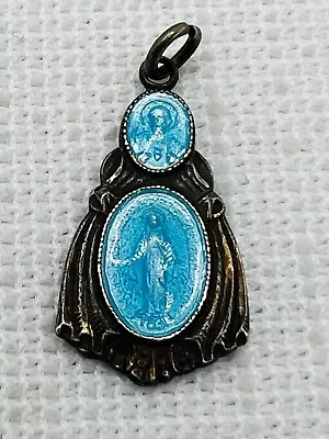 Vintage Art Deco Sterling Silver Blue Enamel Blessed Mother Religious Medal • $59.99