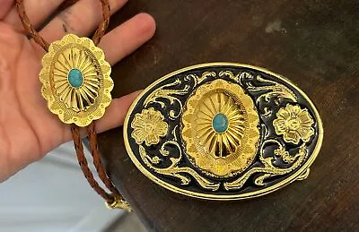 Golden Western Bolo Tie And Buckle Set - Turquoise Inlay Gifts For Him Leather  • $42