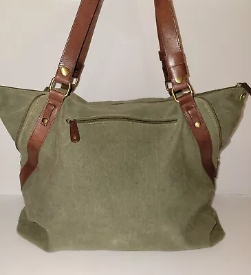 J. JILL Duffle Weekender Tote Bag Army Green Cotton Canvas Leather Details • $20