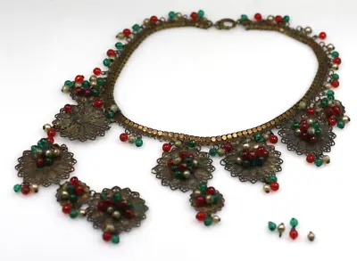Vintage Early Miriam Haskell Mesh Chain Bib Necklace Green Red Faux Pearl TLC • $75