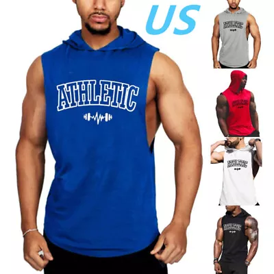 US Men's Hooded Sleeveless Sweatshirt Gym Workout Tank Tops Muscle Vest Hoodies • $12.59