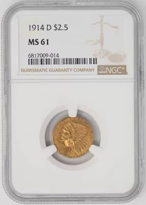 1914-D $2 1/2 Gold Indian $2.5 MS61 NGC 947650-14 • $695