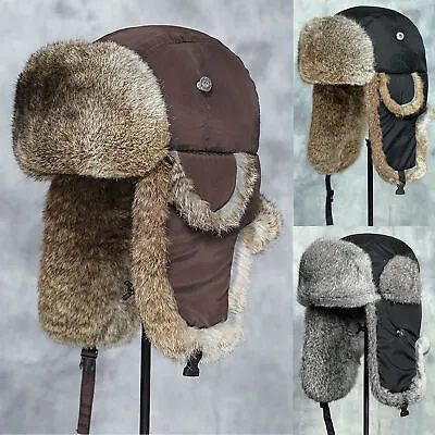 Men Winter Genuine Rabbit Fur Trapper Hats Russian Ushanka Warm Earflap Ski Caps • $26.59