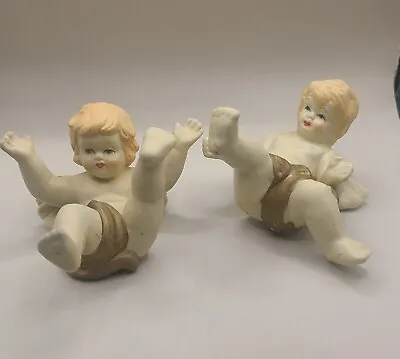 Vintage Set Of 2 TUMBLING CHERUB ANGEL CERAMIC/PORCELAIN BLONDE GOLD • $6.99